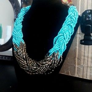 Braided Multi-Strand Beaded Collar Necklace Faux Bone Hook Closure